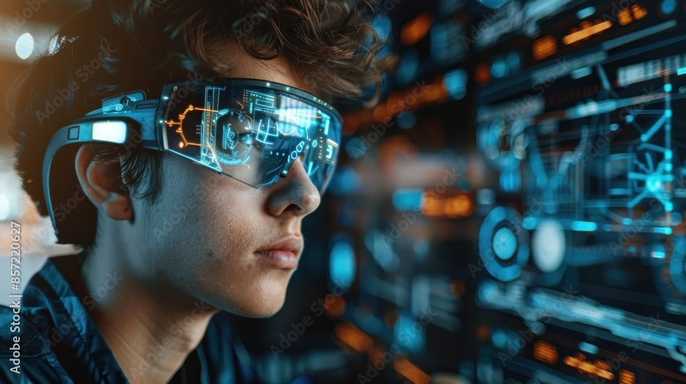 A professional uses AR glasses to enhance their work process, overlaying digital information on physical objects. The AR interface provides real-time data and interactive features, improving A professional uses AR glasses to enhance their work process, overlaying digital information on physical objects. The AR interface provides real-time data and interactive features, improving