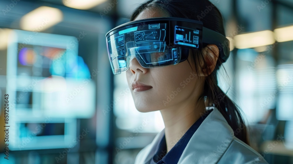 A professional uses AR glasses to enhance their work process, overlaying digital information on physical objects. The AR interface provides real-time data and interactive features, improving A professional uses AR glasses to enhance their work process, overlaying digital information on physical objects. The AR interface provides real-time data and interactive features, improving