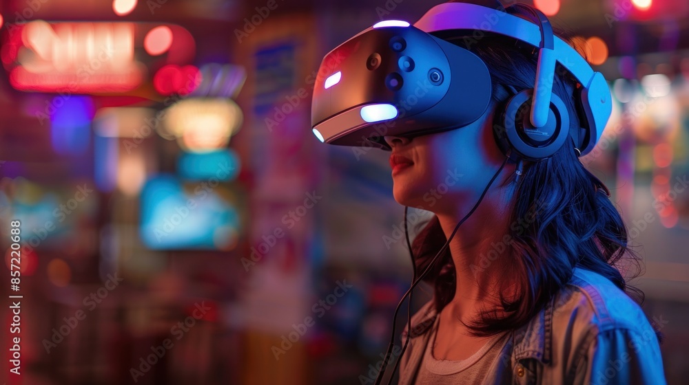 A gamer explores a virtual world using a VR headset, fully immersed in the experience. The VR environment is detailed and dynamic, with realistic graphics and interactive elements. The scene captures A gamer explores a virtual world using a VR headset, fully immersed in the experience. The VR environment is detailed and dynamic, with realistic graphics and interactive elements. The scene captures