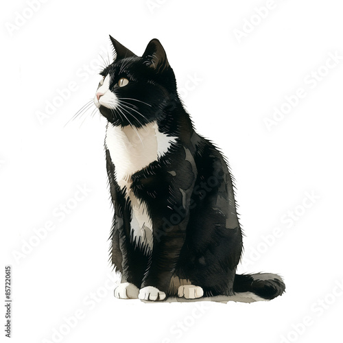 Watercolor illustration of tuxedo cat in black and white on white background