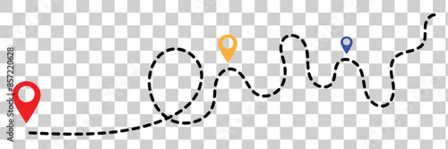 Route icon - two points with dotted path and location pin. Route location icon two pin sign and dotted line. Travel vector icon. Travel from start point and dotted line tracing.
