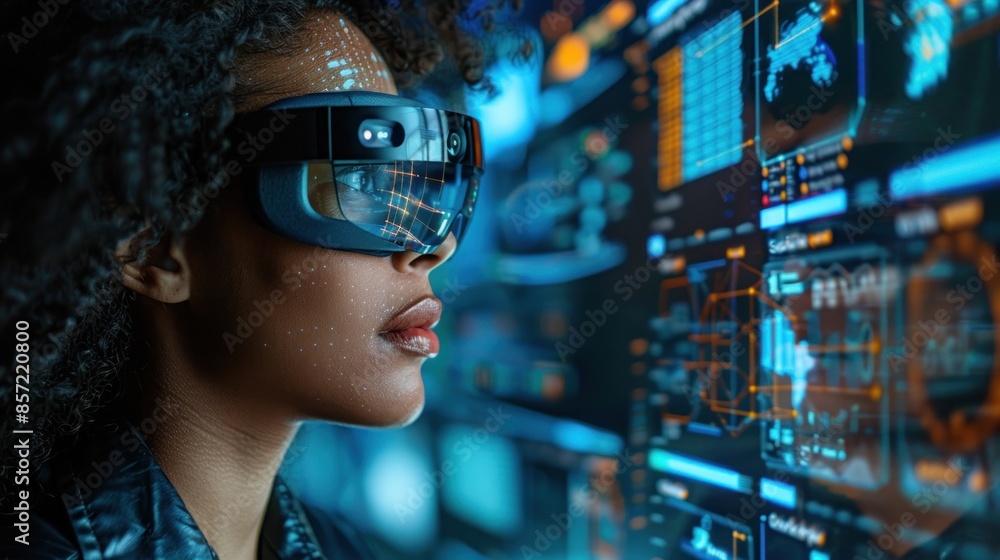 A professional uses AR glasses to enhance their workflow, overlaying digital information on physical objects. The AR interface provides real-time data and interactive features, improving productivity A professional uses AR glasses to enhance their workflow, overlaying digital information on physical objects. The AR interface provides real-time data and interactive features, improving productivity