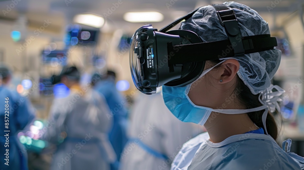 A medical student uses VR to practice emergency procedures in a simulated environment. The VR headset provides a realistic and immersive experience, allowing for detailed practice. The virtual A medical student uses VR to practice emergency procedures in a simulated environment. The VR headset provides a realistic and immersive experience, allowing for detailed practice. The virtual