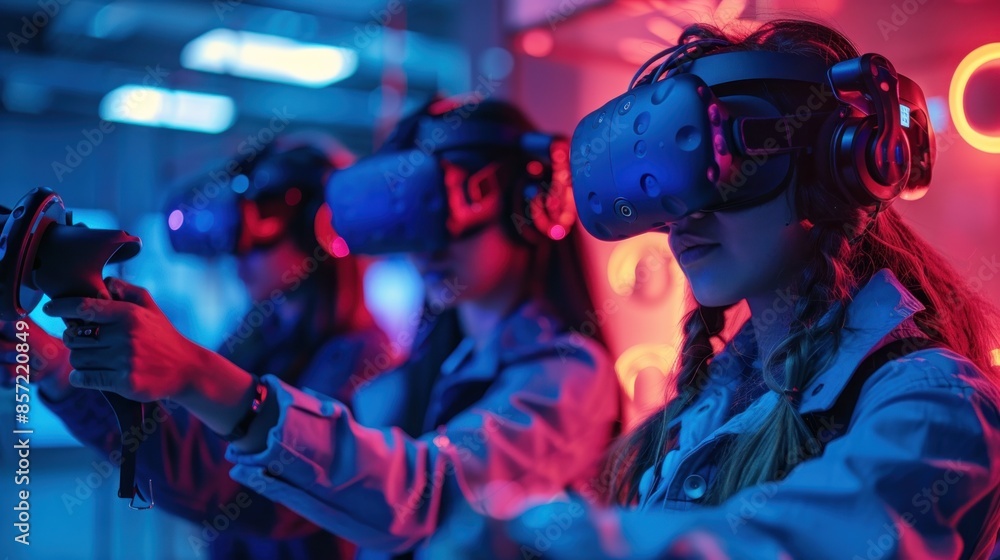 A group of friends competes in a VR game, using VR headsets and motion controllers. The game environment is interactive and exciting, providing a thrilling experience. The scene captures the fun and A group of friends competes in a VR game, using VR headsets and motion controllers. The game environment is interactive and exciting, providing a thrilling experience. The scene captures the fun and