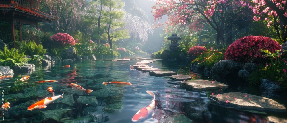 A tranquil Japanese garden with a stone pathway, koi pond, and cherry blossom trees in full bloom A tranquil Japanese garden with a stone pathway, koi pond, and cherry blossom trees in full bloom