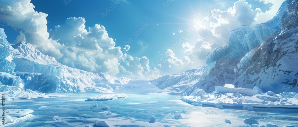 A vast, icy landscape with glaciers and a bright blue sky, in A vast, icy landscape with glaciers and a bright blue sky, in