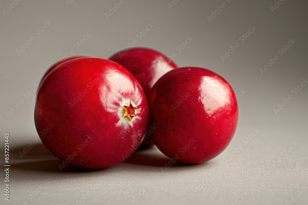 Minimalist composition of fresh cranberries on a simple background, highlighting their vibrant red color and smooth surface