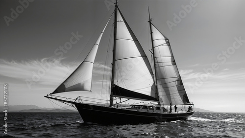 vintage sailing yacht in black and white photography