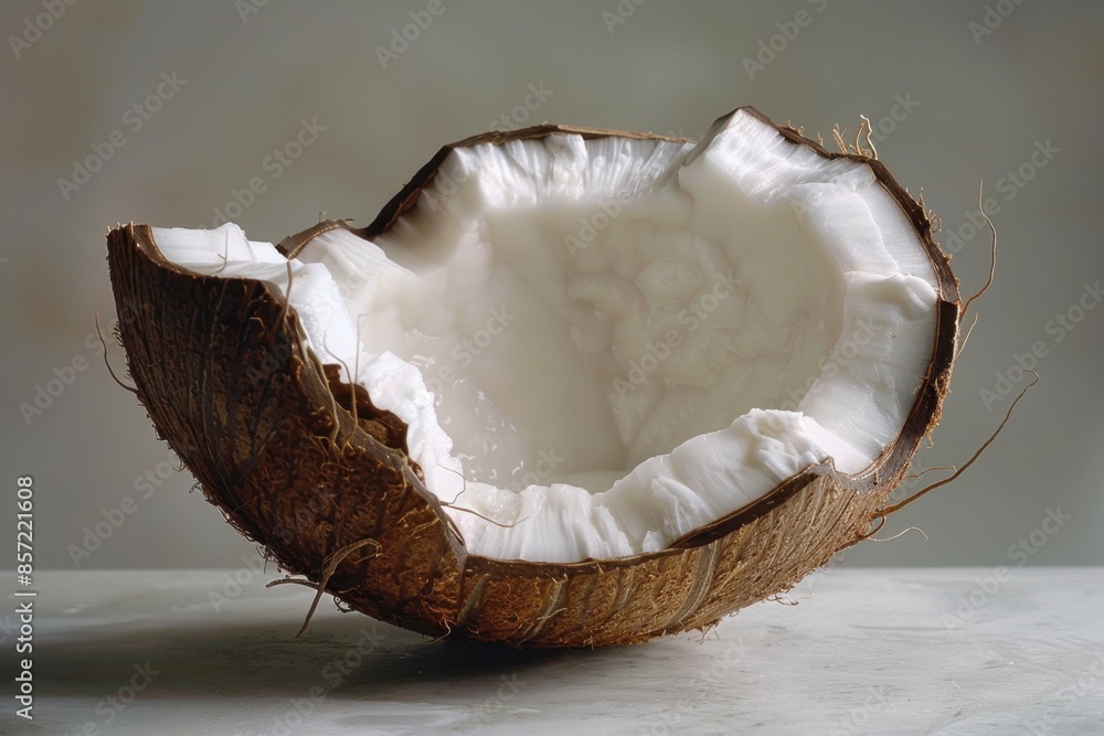Studio-lit photograph of a halved coconut, highlighting its white flesh and brown shell against a simple background Studio-lit photograph of a halved coconut, highlighting its white flesh and brown shell against a simple background