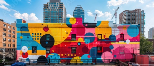 A vibrant street art mural on a city building, capturing the creativity and energy of urban culture photo