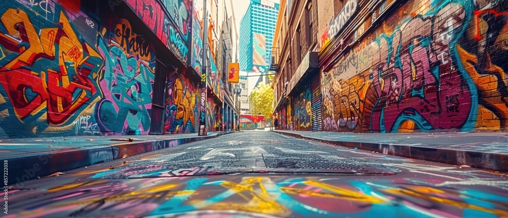 Fototapeta premium A vibrant urban street with graffiti and colorful murals