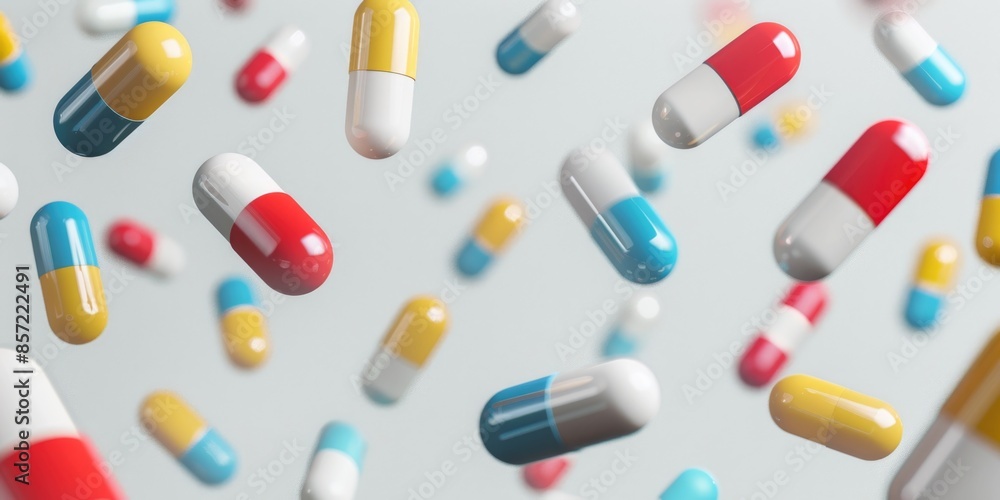 A surreal scene with multiple colorful pills suspended in mid-air A surreal scene with multiple colorful pills suspended in mid-air
