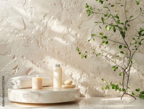 A bathroom counter filled with towels and a bottle of lotion photo