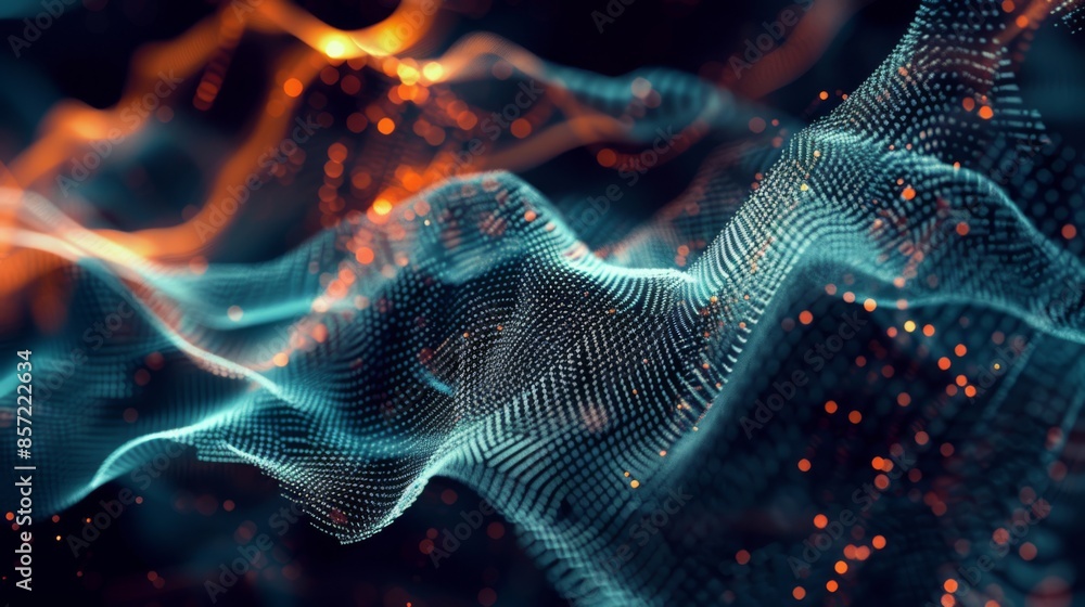 Dynamic abstract digital waves in blue and orange tones, creating a mesmerizing visual effect with intricate patterns and glowing points Dynamic abstract digital waves in blue and orange tones, creating a mesmerizing visual effect with intricate patterns and glowing points