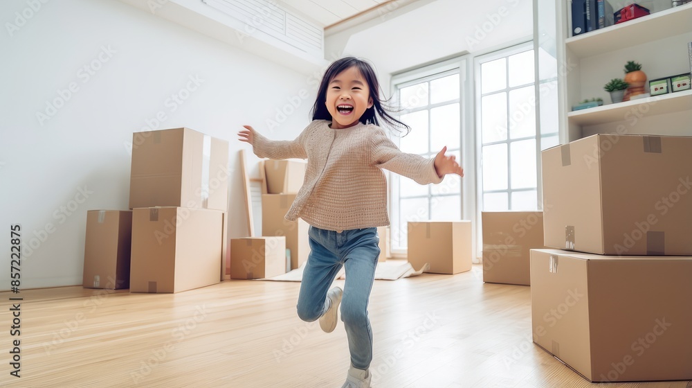 Asian child girl in an empty room with large windows with cardboard boxes, moving. Asian child girl in an empty room with large windows with cardboard boxes, moving.