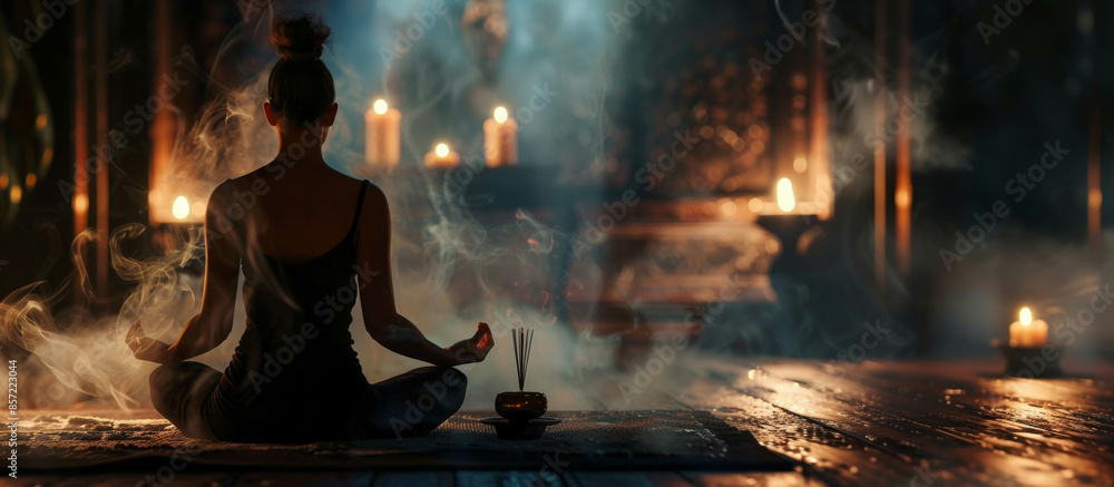 Fototapeta premium a woman meditates in a dark room