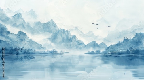 Serene watercolor landscape of mountains and lake with gentle reflections and flying birds.