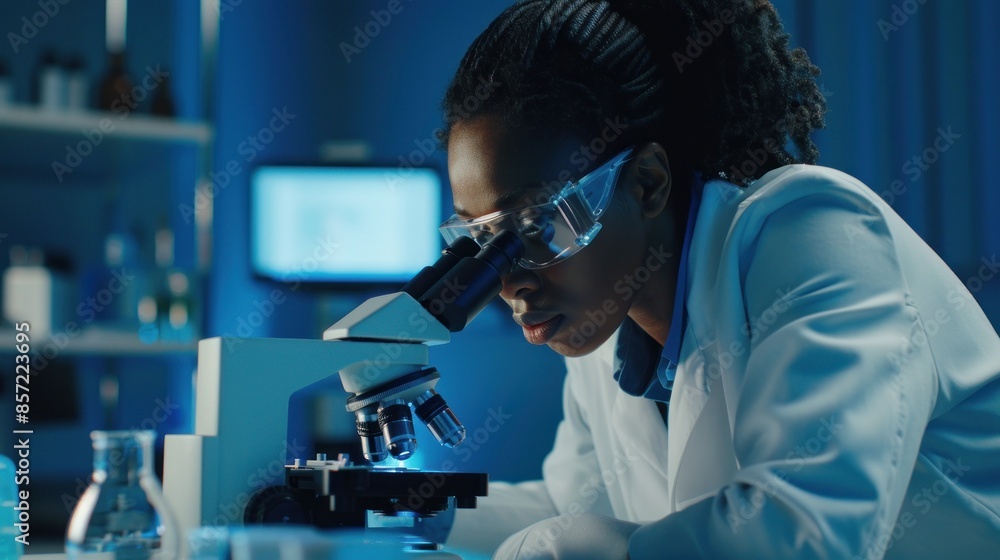 Focused scientist working with microscope in laboratory Focused scientist working with microscope in laboratory