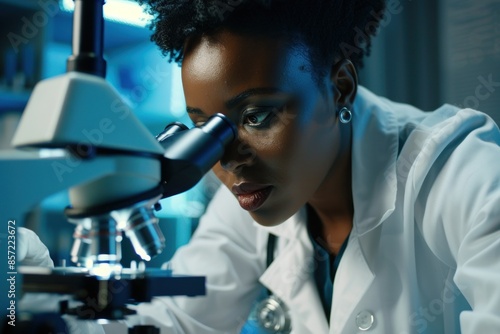 Researcher focusing on microscope analysis in lab photo