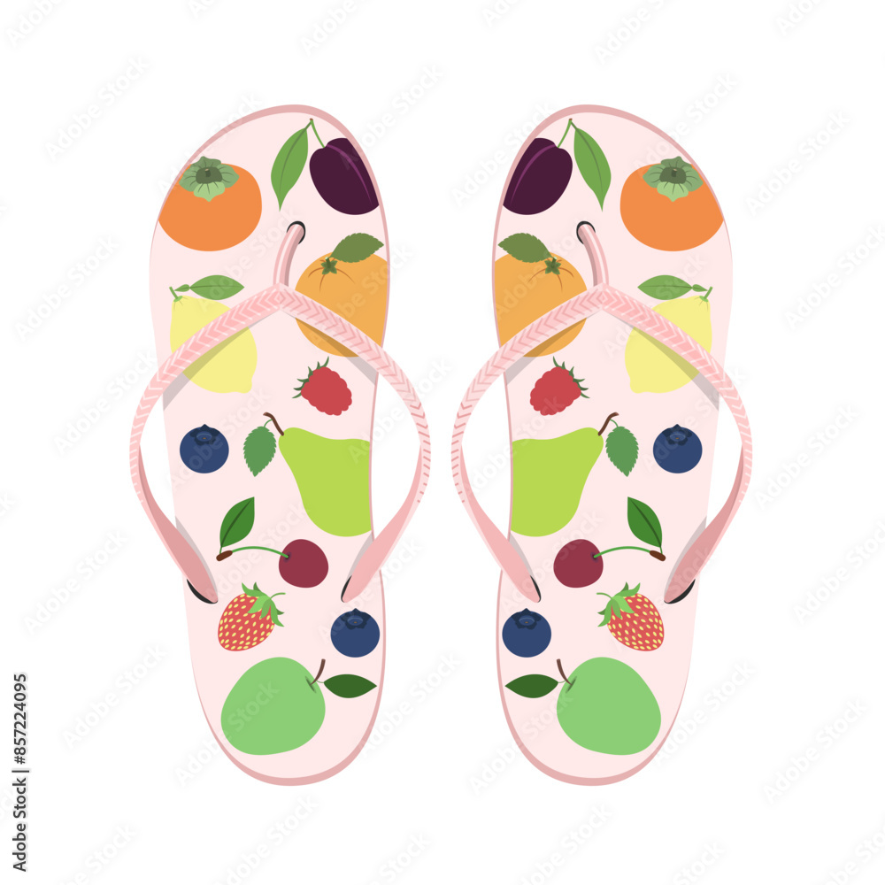 Beach flip flops with fruit print,pair,isolated on white background.Vector illustration of summer shoes. Beach flip flops with fruit print,pair,isolated on white background.Vector illustration of summer shoes.