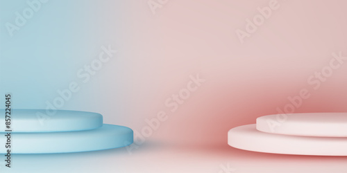 Pink podium mockup. Studio showroom pedestal, fashion showcase mock up scene or exhibition gallery display 3d vector podiums.