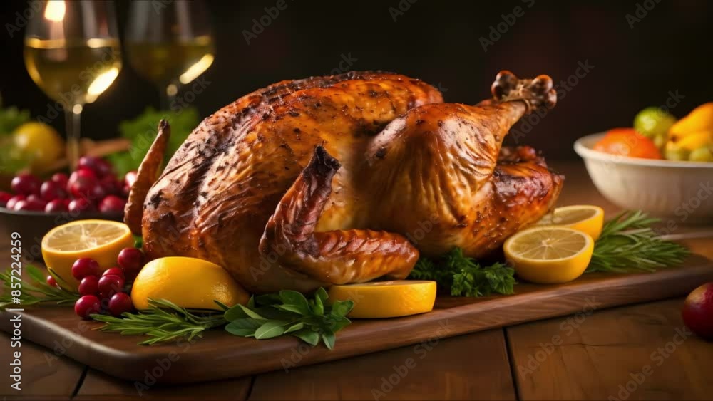 Roasted Turkey on Rustic Wooden Table for Thanksgiving Dinner. Concept Thanksgiving Dinner, Roasted Turkey, Rustic Table Decor, Food Photography, Festive Meal Roasted Turkey on Rustic Wooden Table for Thanksgiving Dinner. Concept Thanksgiving Dinner, Roasted Turkey, Rustic Table Decor, Food Photography, Festive Meal