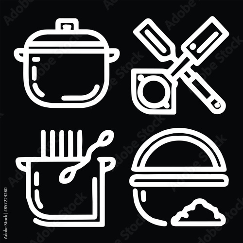 A blackboard with a black background, Kitchen utensils - pan, oven, cookbook, saucepan, weight, chef hat, blender, glass crockery, a blackboard with a pan, and a pot with a spoon