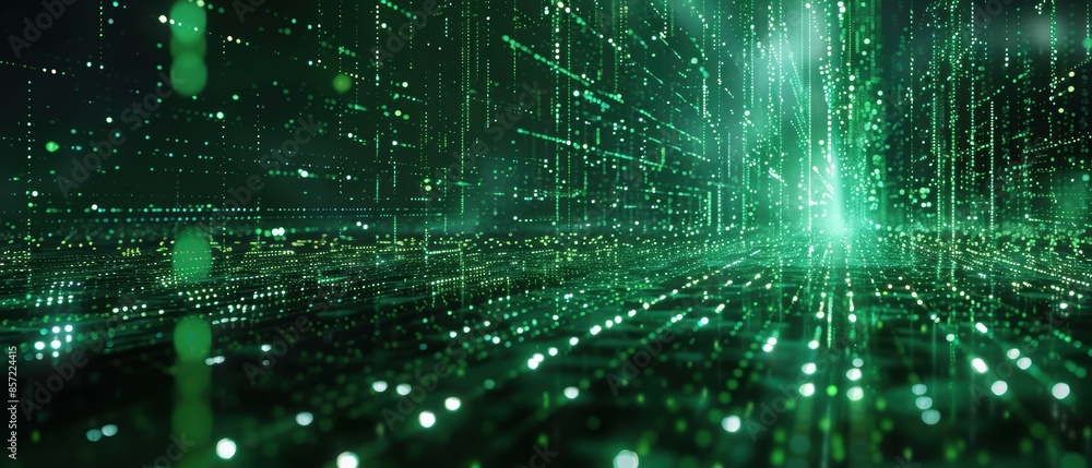 Abstract green digital matrix, binary code streams and light effects, isolated on black background, modern technology theme Abstract green digital matrix, binary code streams and light effects, isolated on black background, modern technology theme
