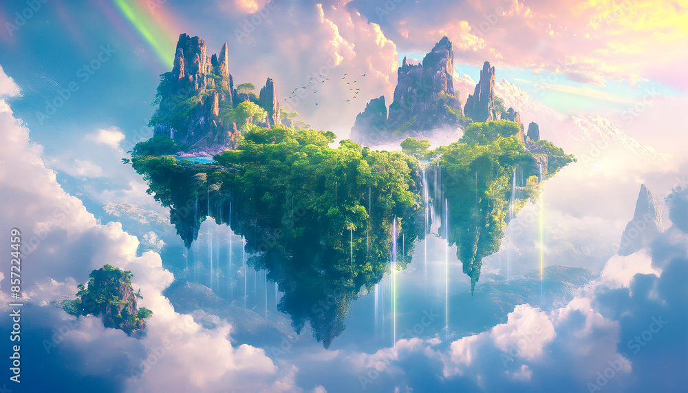 Fantasy scene world with floating islands, waterfalls and rainbows in ...