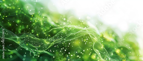 Abstract green technology landscape, glowing data nodes and circuits, white background, copy space