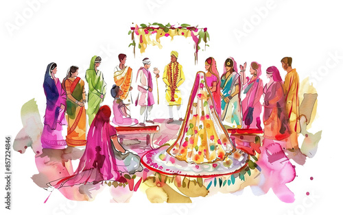 Indian wedding musical ceremony, bride-groom and people, watercolor vector illustration