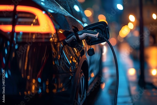 A closeup of an electric car charging at the station, showcasing modern technology and ecofriendly energy use in urban environments.