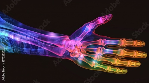 Strain and Struggle: Semi-Realistic X-Ray of Hand Lifting Heavy Object Showcasing Injuries with Bright Colors and Detailed Clarity for Health and Fitness Concepts