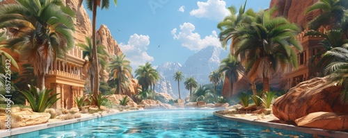 Desert oasis with a pool and palm trees.