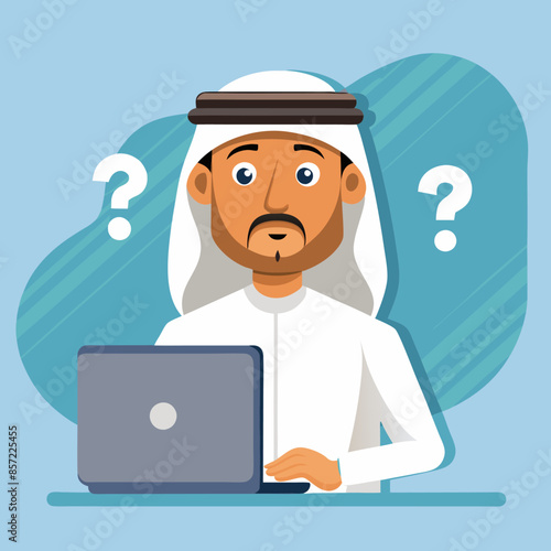 Illustration of a man in traditional Middle Eastern attire looking confused while using a laptop