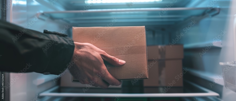 Naklejka premium Close-up of Hand Retrieving Empty Box from Cold Store Fridge for Mockup | Ample Branding Space
