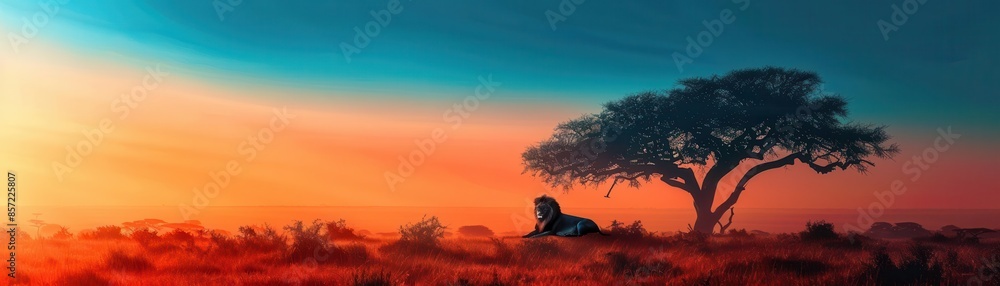Lion resting under acacia tree, focus on, copy space, vibrant earthy colors, Double exposure silhouette with safari scenery Lion resting under acacia tree, focus on, copy space, vibrant earthy colors, Double exposure silhouette with safari scenery