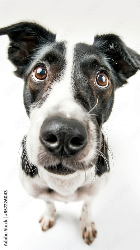 A black and white dog looks up with big, expressive eyes A black and white dog looks up with big, expressive eyes