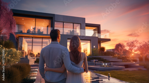 Back portrait of a young couple standing and hugging, happy in front of their new home to start a new life. © ALA