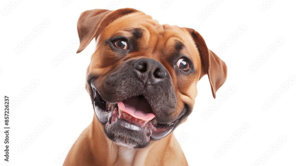 A brown Boxer dog looking directly at the camera with a happy, playful expression A brown Boxer dog looking directly at the camera with a happy, playful expression