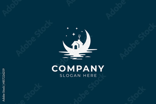 Crescent moon with house in ocean or lake water decorated with stars logo design style vector flat illustration