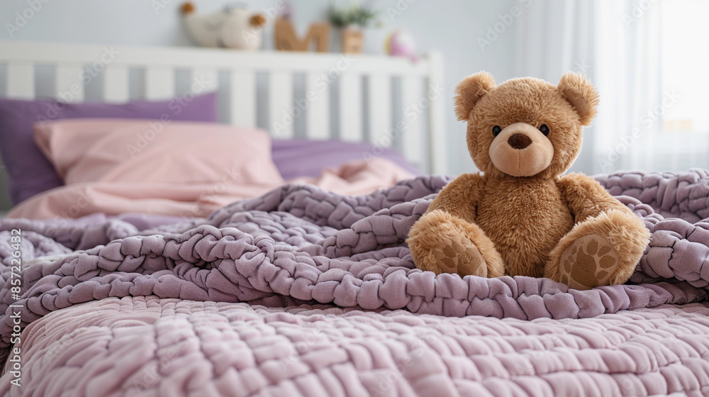a plush teddy bear seated on a textured purple blanket a plush teddy bear seated on a textured purple blanket