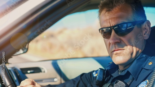 Police officer in sunglasses driving patrol vehicle © GoodandEvil