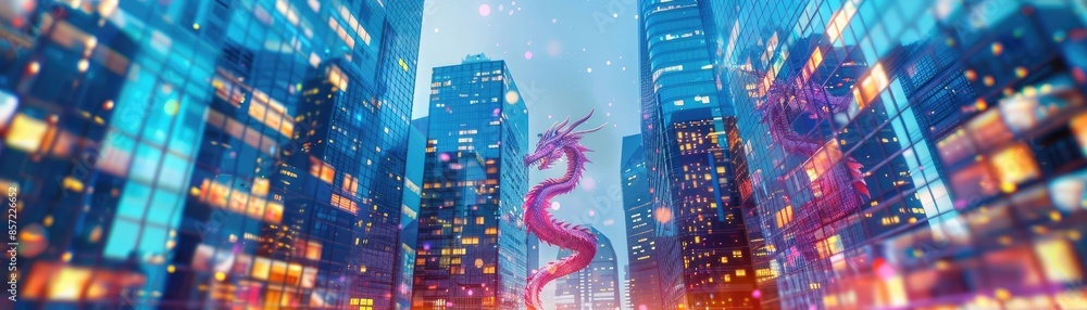 A surreal digital illustration of a pink dragon flying amidst skyscrapers in a futuristic cityscape under a clear sky with scattered clouds. A surreal digital illustration of a pink dragon flying amidst skyscrapers in a futuristic cityscape under a clear sky with scattered clouds.