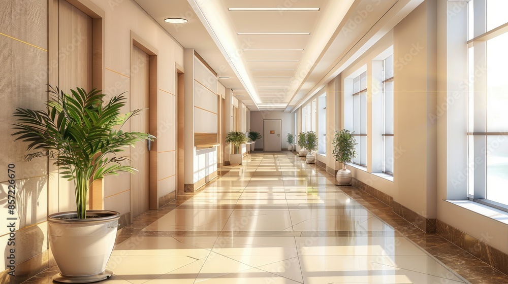 Obraz premium Empty modern hospital corridor, clinic hallway interior background
