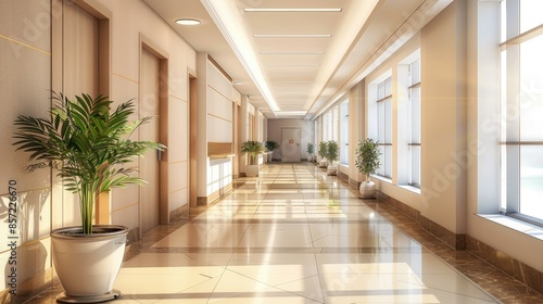 Empty modern hospital corridor, clinic hallway interior background © aan