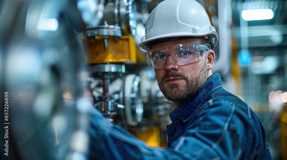 Professional stock photography of an engineer in a manufacturing plant, inspecting machinery, vigilant and professional Professional stock photography of an engineer in a manufacturing plant, inspecting machinery, vigilant and professional