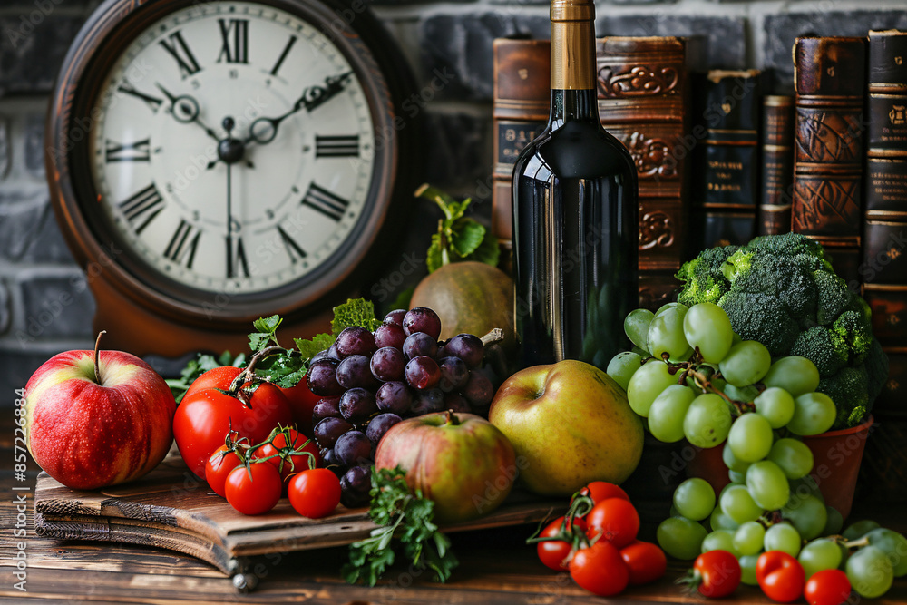 Assorted fresh fruits and vegetables on a wooden table with a retro clock, a bottle of wine, and books, representing the back-to-school concept. Assorted fresh fruits and vegetables on a wooden table with a retro clock, a bottle of wine, and books, representing the back-to-school concept.