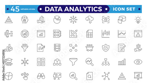 Data analytics icon set. Big data analysis technology symbol. Containing a database, statistics, analytics, server, monitoring, computing, and network icons. Editable stroke outline icon.