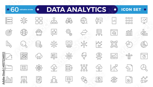 Data analytics icon set. Big data analysis technology symbol. Containing a database, statistics, analytics, server, monitoring, computing, and network icons. Editable stroke outline icon.